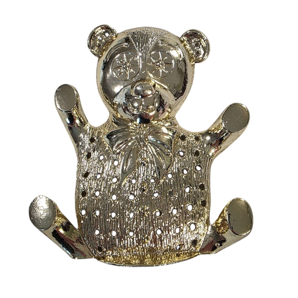 Vintage‎ TORINO Teddy Bear Gold Tone Earring Holder Bow Rhinestone Eyes